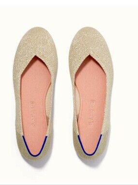 Rothy's Beige Knit Pointed Ballet Flat with Pink Insole and Blue Heel Trim W7